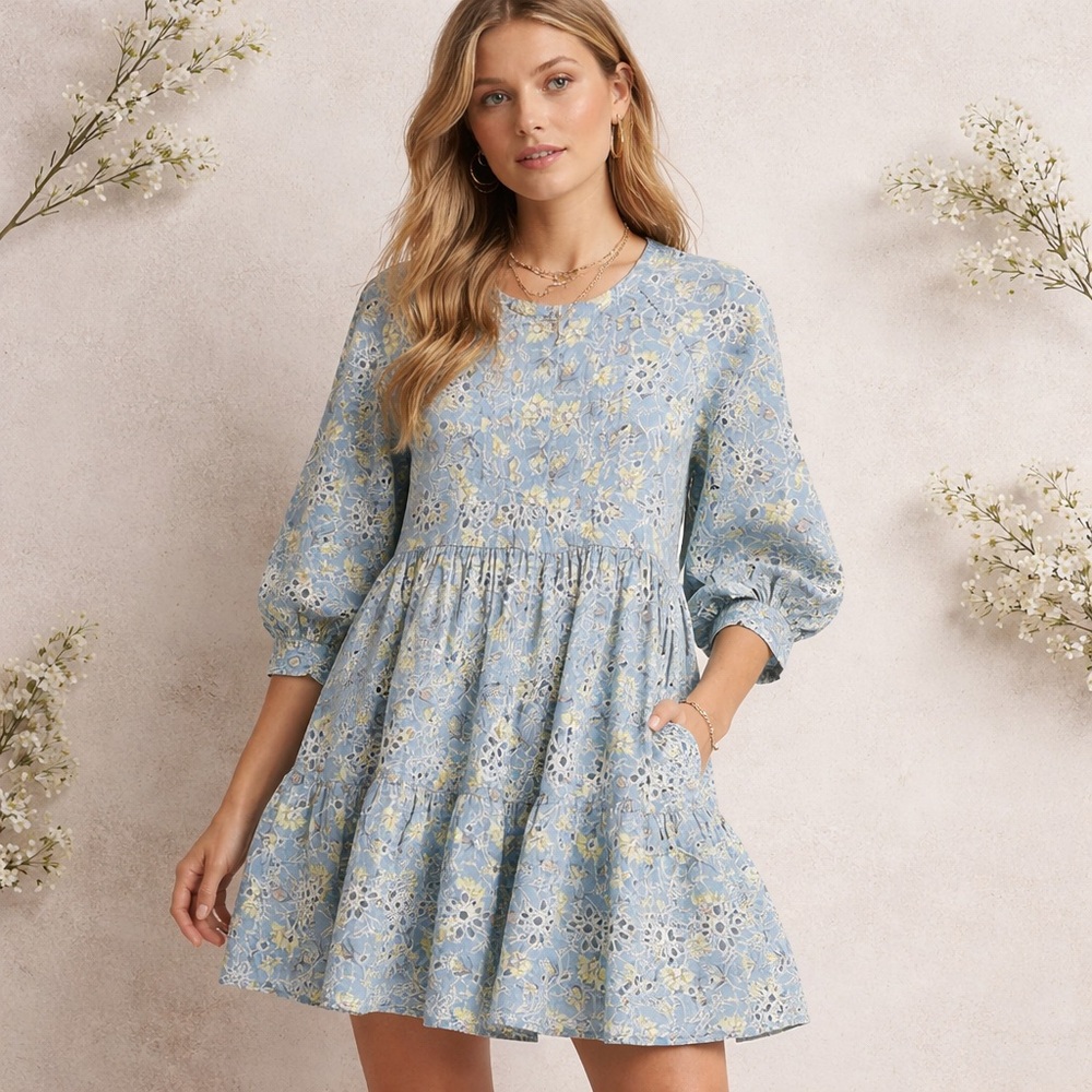 Anthropologie dRA Yara Blue Eyelet Floral Dress Sz S Feminine Boho Embroidered